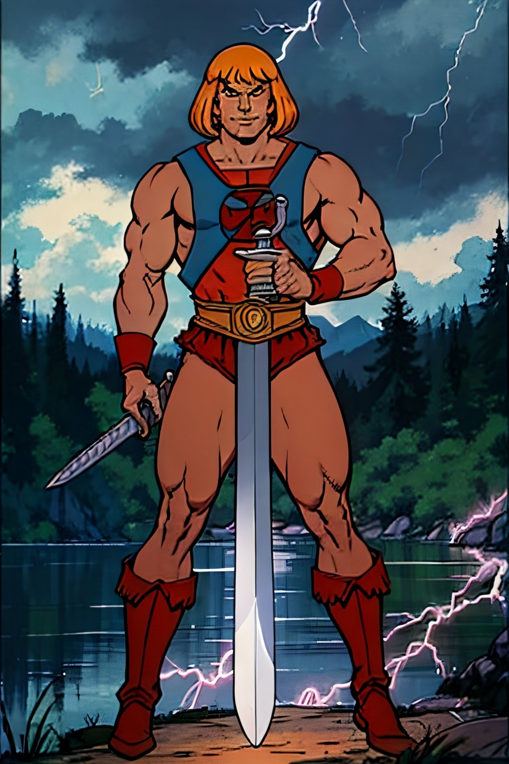 He-man, facial portrait, sexy stare, smirked, on top of hill, forest, lake, cloudy sky, lightning, ,he-man, full body, sword of power on hand