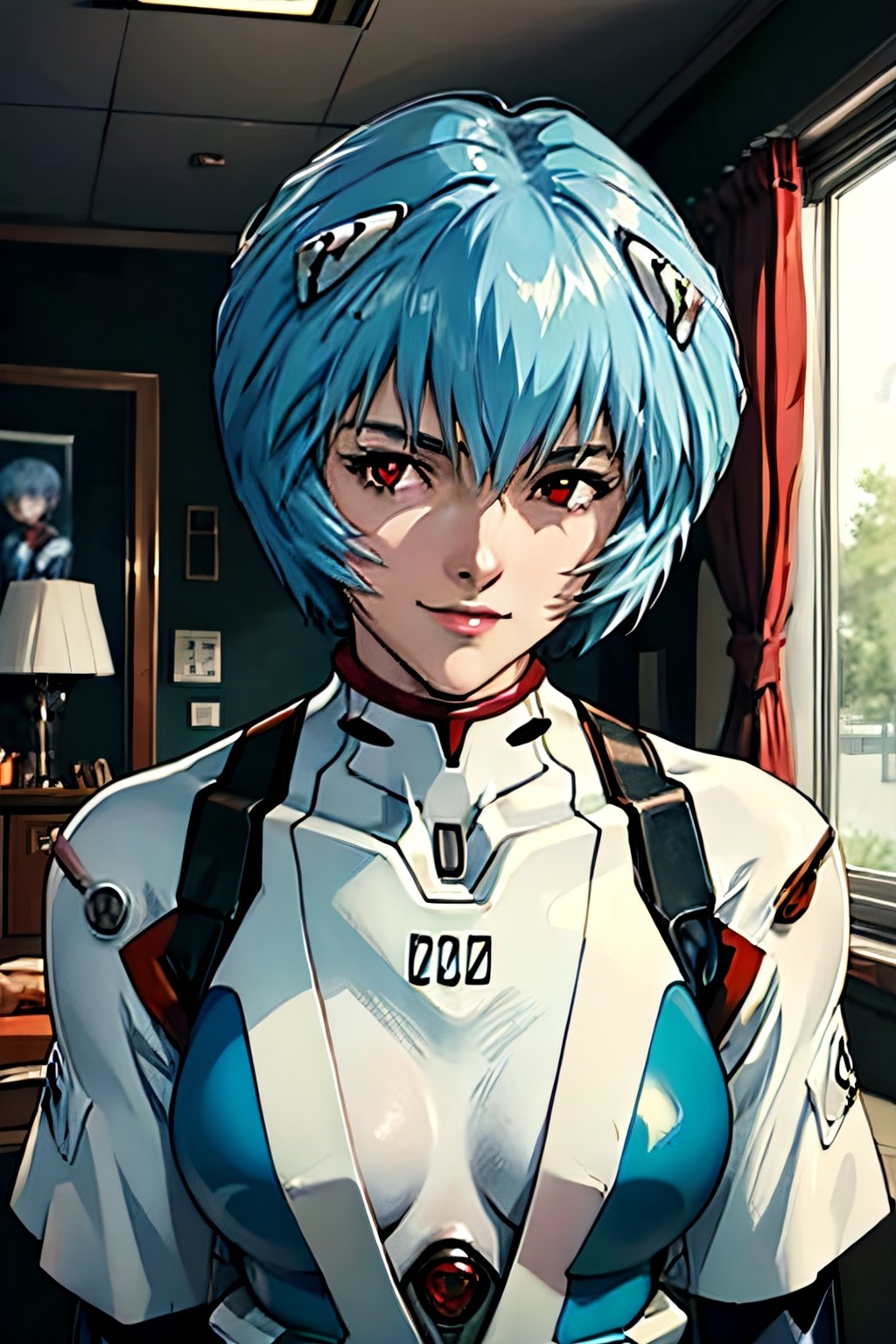 Neon Genesis Evangelion's Rei Ayanami, facial portrait, sexy stare, smirked, inside room, dark, ,ayanamirei