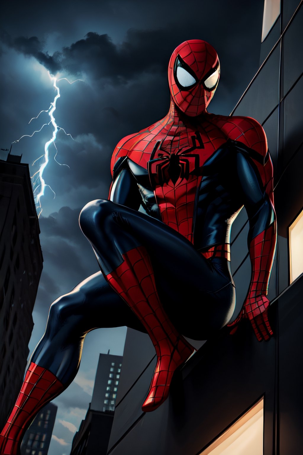 Spider-Man, facial portrait, crouched, On top  of the building, streets below, cars driving, crowds walking, cloudy sky, lightning ,spider-man costume