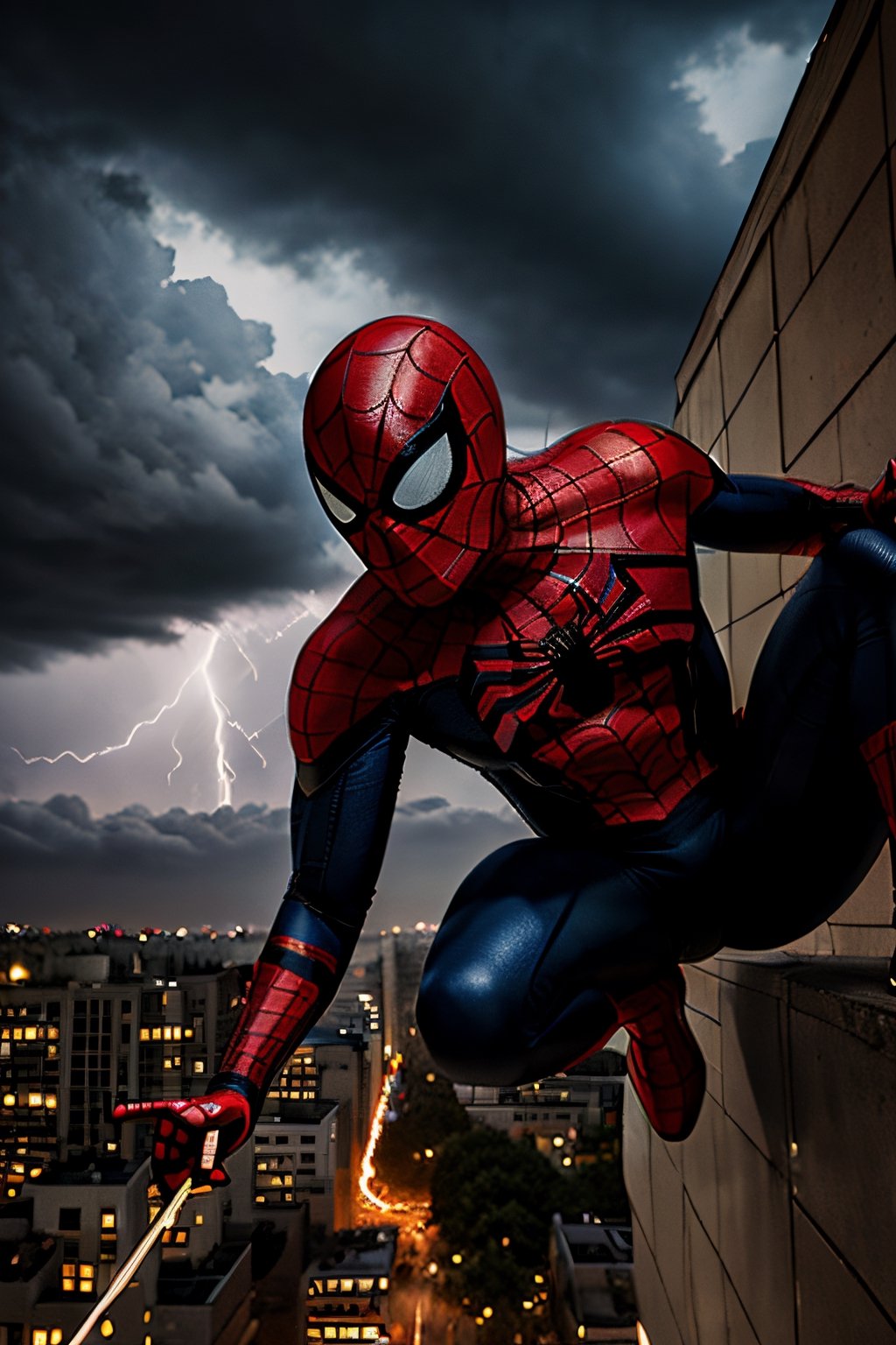 Photorealistic, Spider-Man, facial portrait, swinging through the buildings, streets below, cars driving, crowds walking, cloudy sky, lightning 