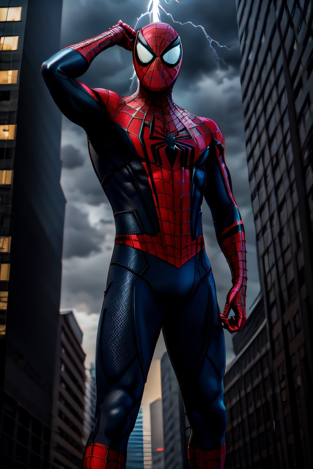 Spider-Man, facial portrait, On top  of the building, streets below, cars driving, crowds walking, cloudy sky, lightning ,spider-man costume