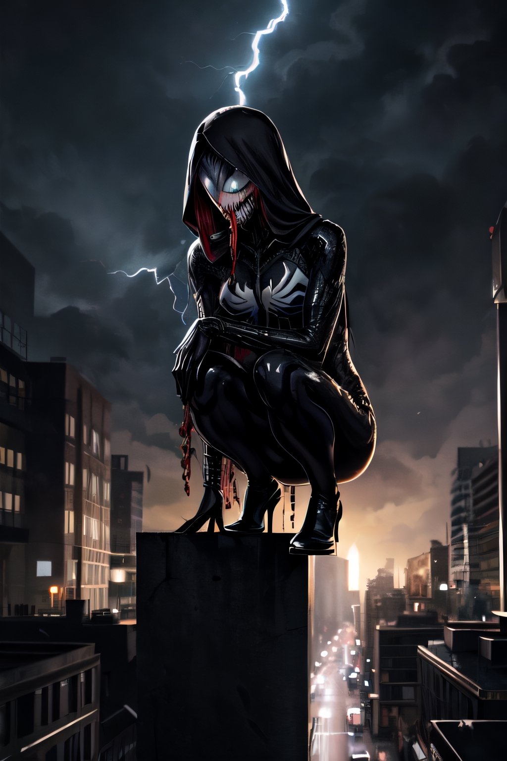 Venom, black costume, facial portrait, crouched, On top  of the building, streets below, cars driving, crowds walking, cloudy sky, lightning , venom