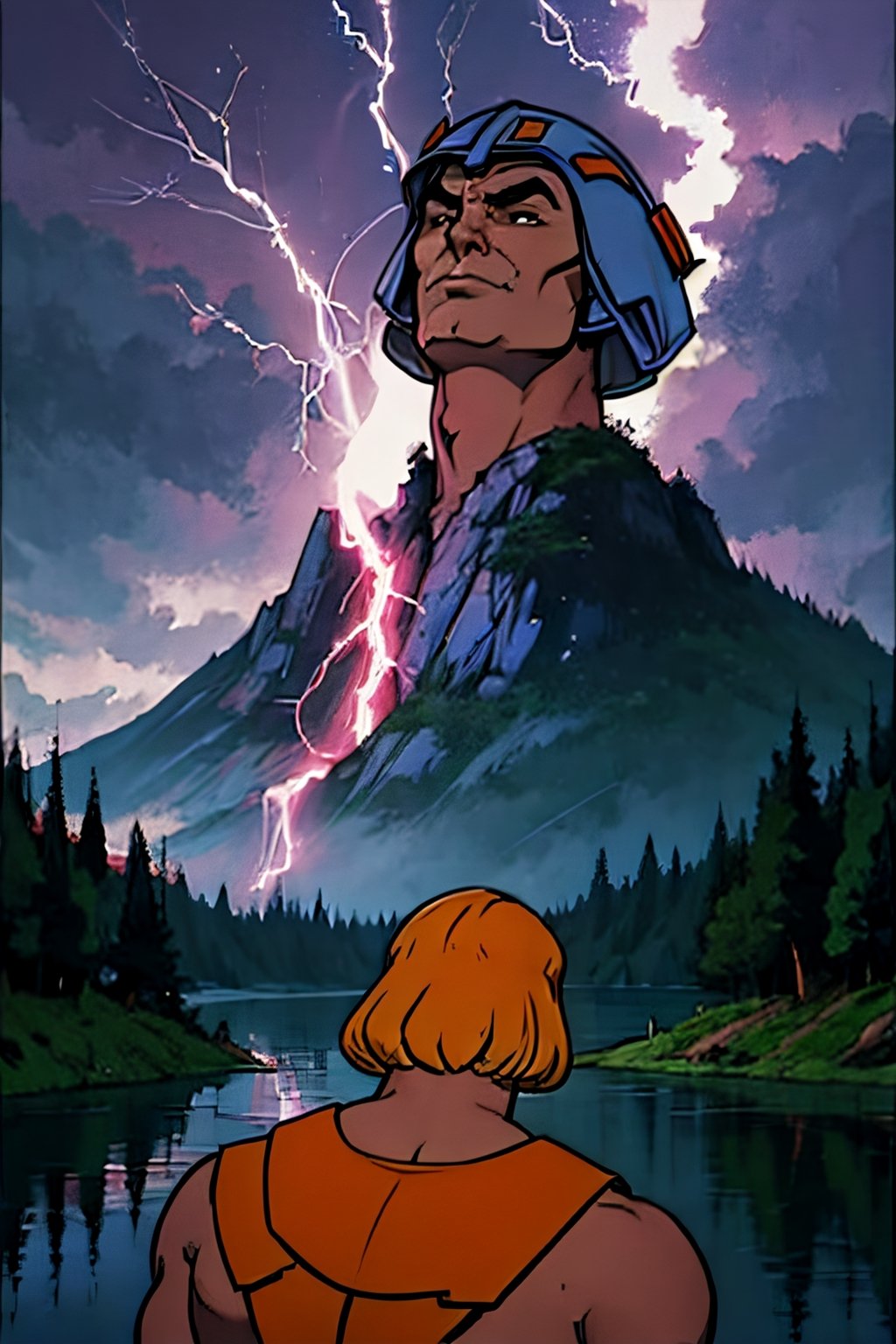 He-man, facial portrait, sexy stare, smirked, on top of hill, forest, lake, cloudy sky, lightning, ,he-man, from behind 