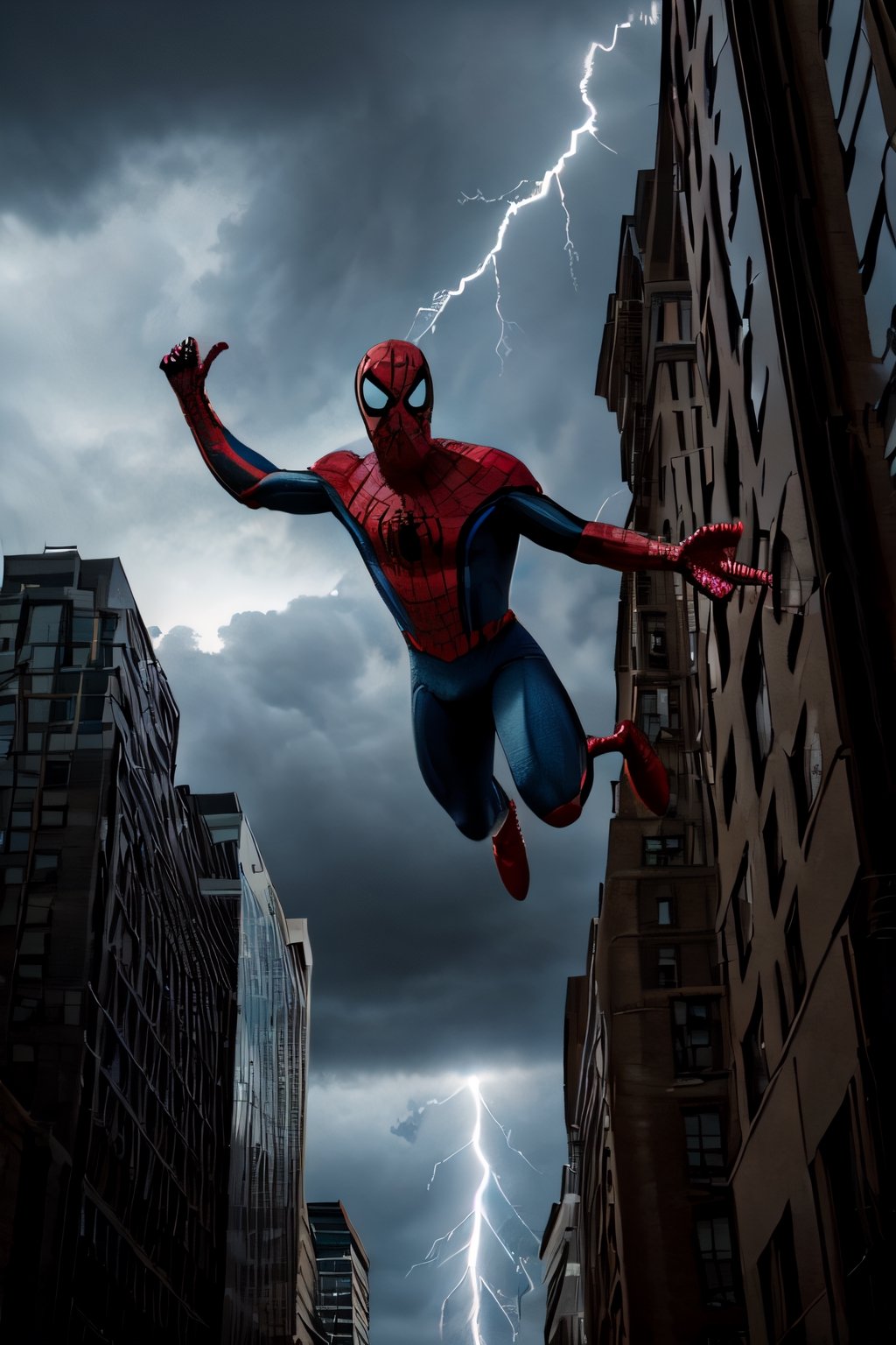 Photorealistic, Spider-Man, facial portrait, swinging through the buildings, streets below, cars driving, crowds walking, cloudy sky, lightning ,spider-man costume