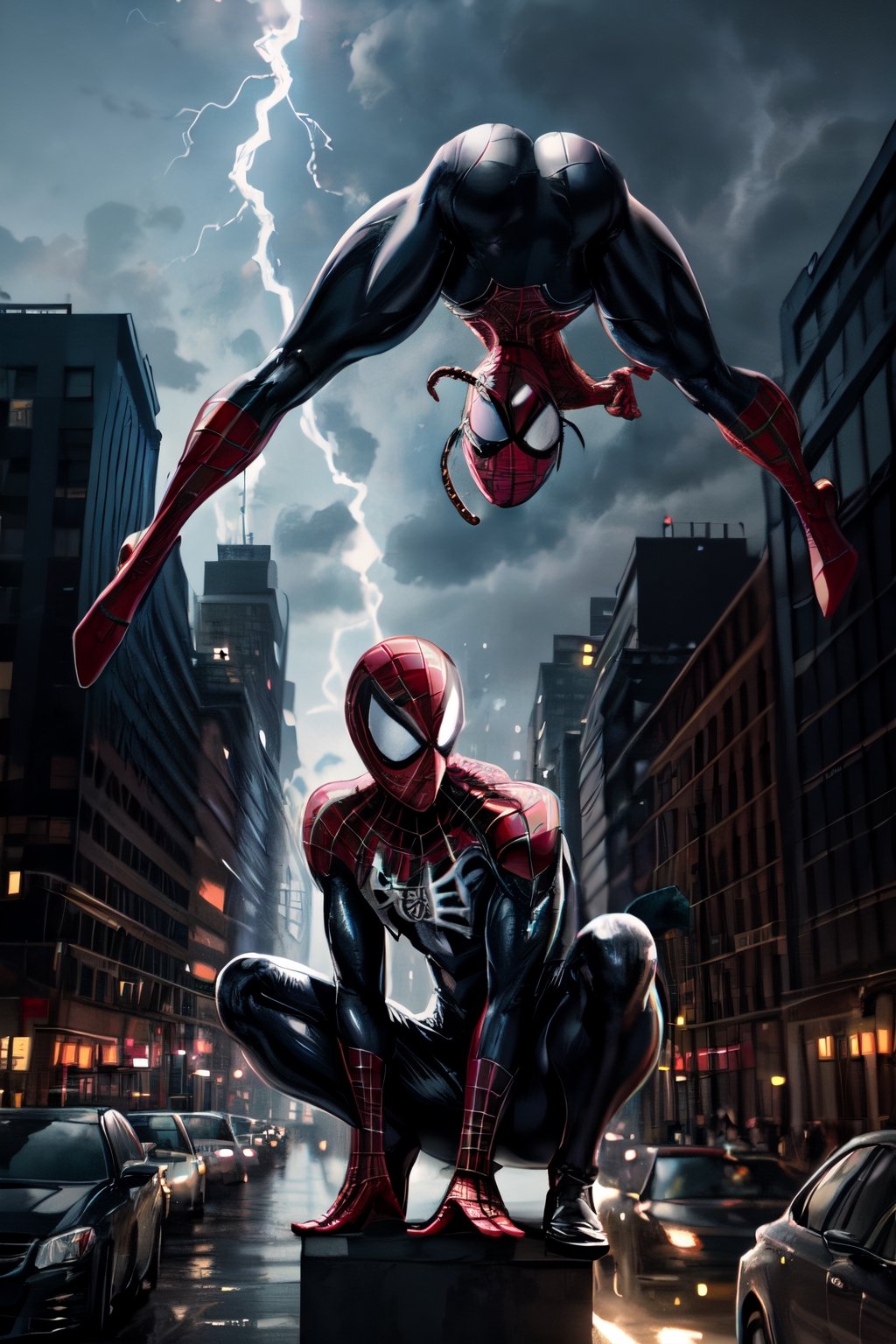 Spider-Man, black costume, facial portrait, crouched, On top  of the building, streets below, cars driving, crowds walking, cloudy sky, lightning , venom