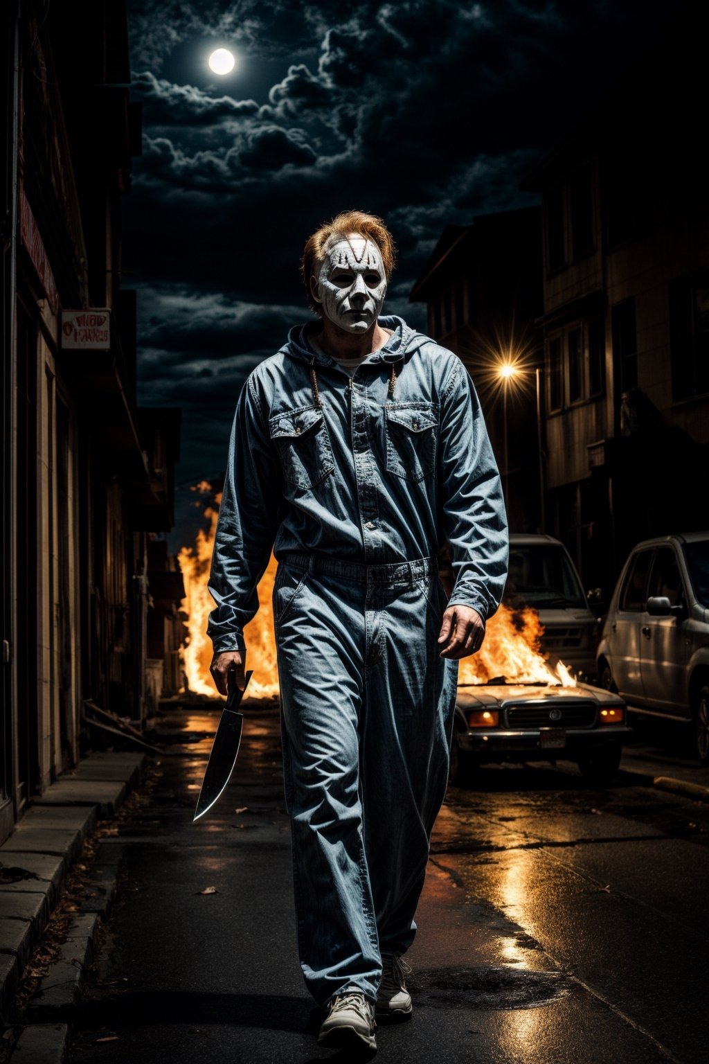 Michael Myers, facial  portrait, blue overall, walking through the sidewalk, small town, streets burning, light pumpkins though out the street, cloudy sky, lightning, full moon, butchers knife on one hand