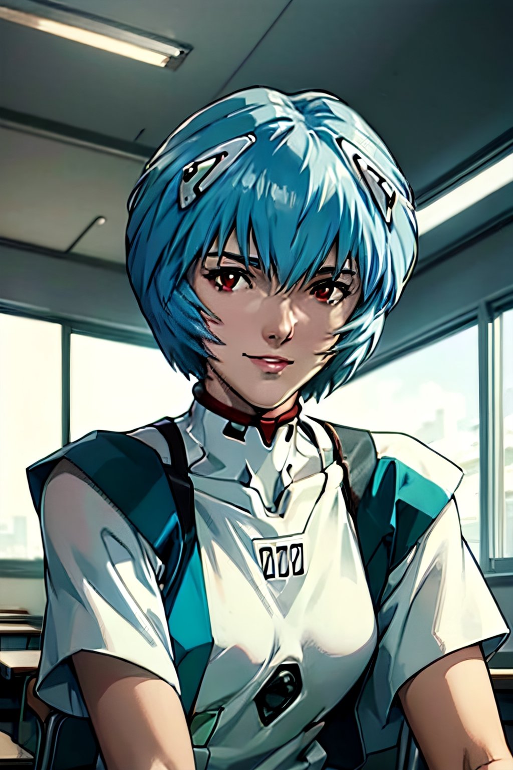 Neon Genesis Evangelion's Rei Ayanami, facial portrait, sexy stare, smirked, inside classroom, sitting alone, ayanamirei