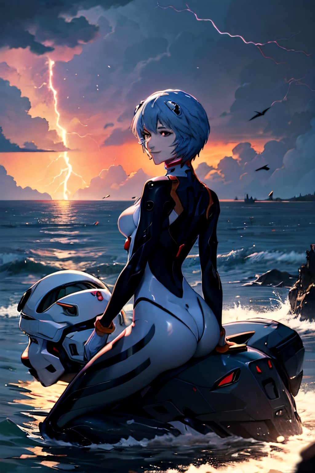 Neon Genesis Evangelion's Rei Ayanami, facial portrait, sexy stare, smirked, on top of orange robot, near shoreline, birds flying around, cloudy sky, lightning ,rei ayanami, butt shot 