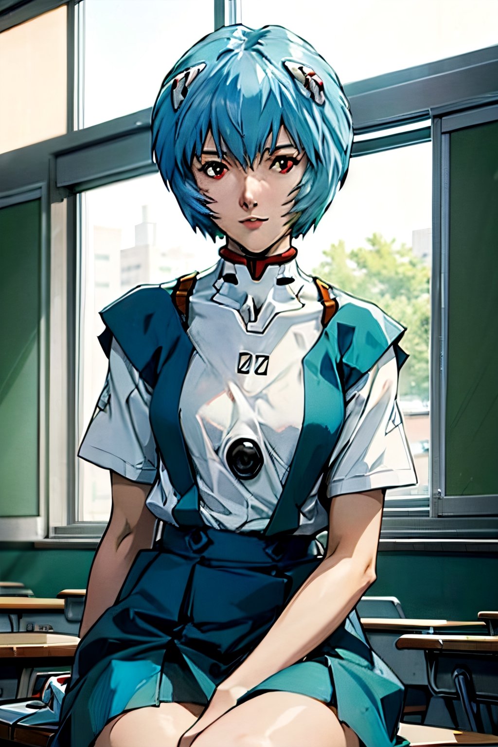 Neon Genesis Evangelion's Rei Ayanami, facial portrait, sexy stare, smirked, inside classroom, sitting alone, ayanamirei