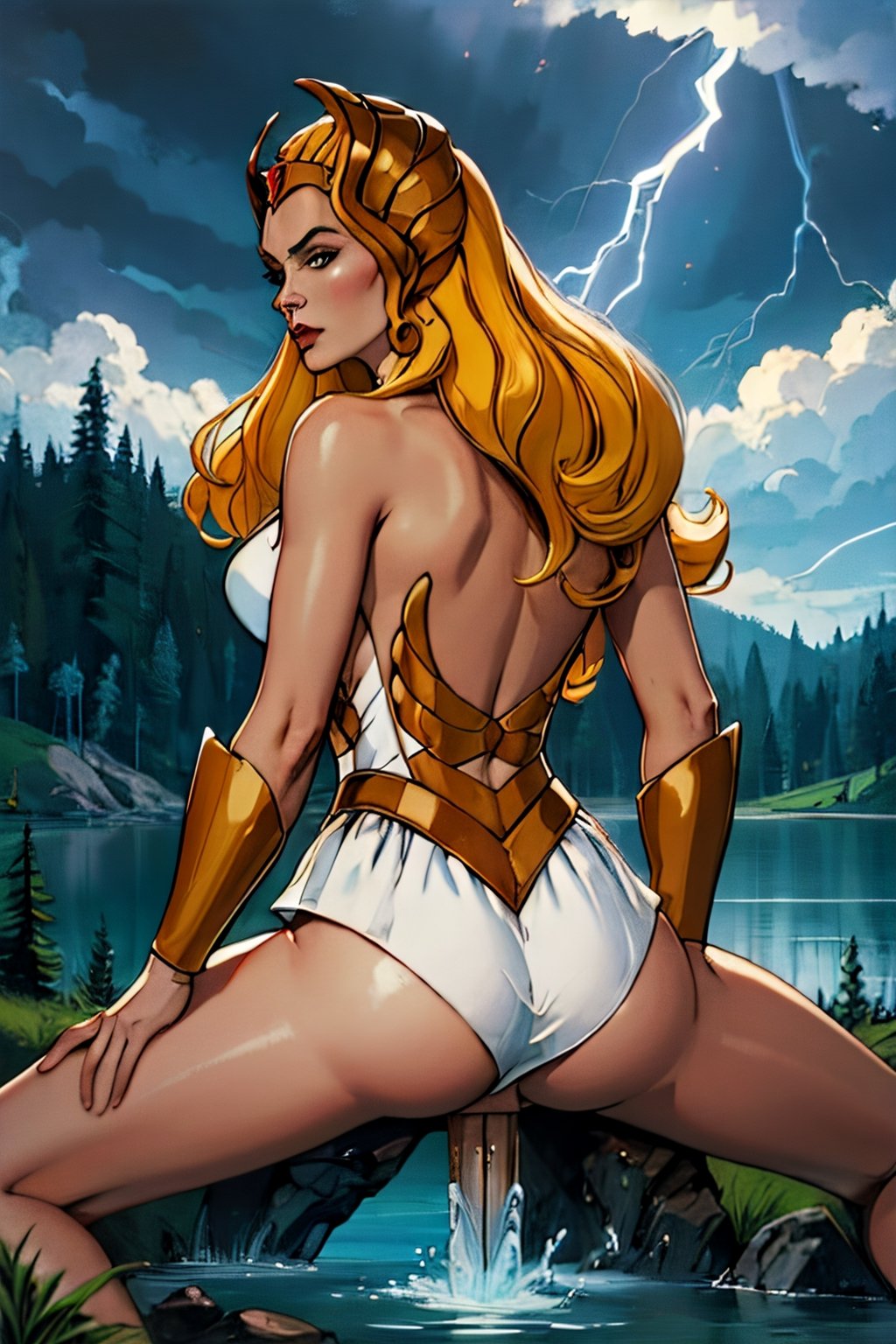 she-ra, naked, facial portrait, sexy stare, anal portrait, Spreading legs, on top of  hill, looking down forest, lake, cloudy sky, lightning, holding her sword of power, from behind 