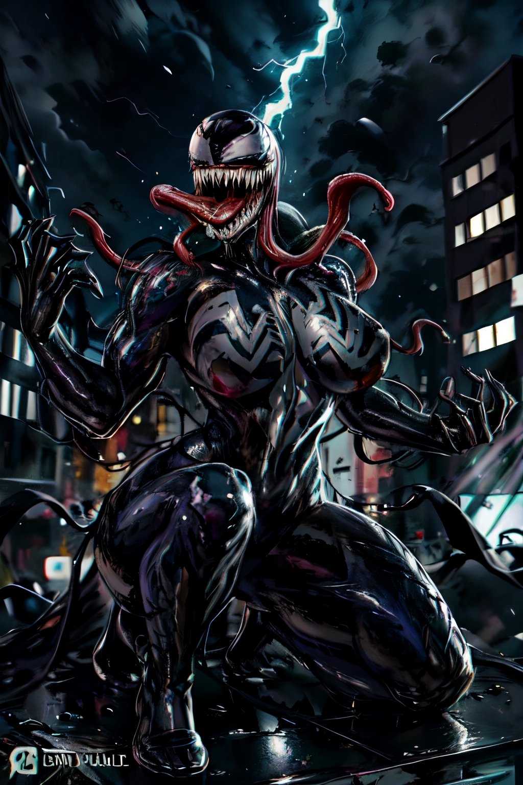 Venom, facial portrait, On top  of the building, streets below, cars driving, crowds walking, cloudy sky, lightning , venom, symbiote