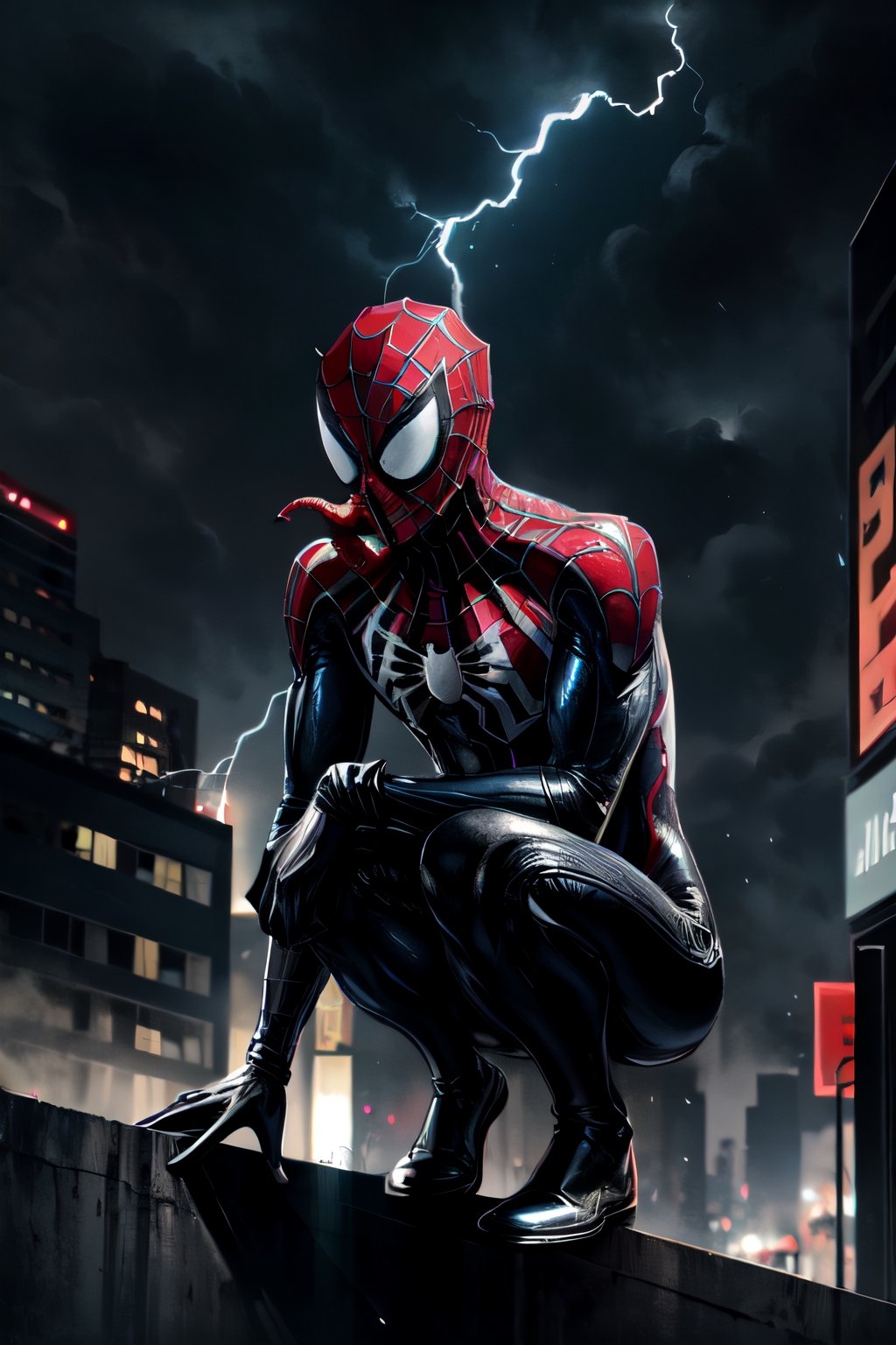 Spider-Man, black costume, facial portrait, crouched, On top  of the building, streets below, cars driving, crowds walking, cloudy sky, lightning , venom