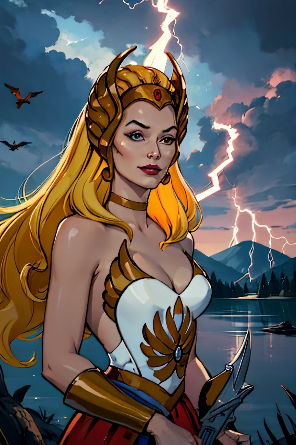 she-ra, facial portrait, sexy stare, smirked, on top of  hill, looking down forest, lake, dragons flying around, cloudy sky, lightning, holding her sword of power