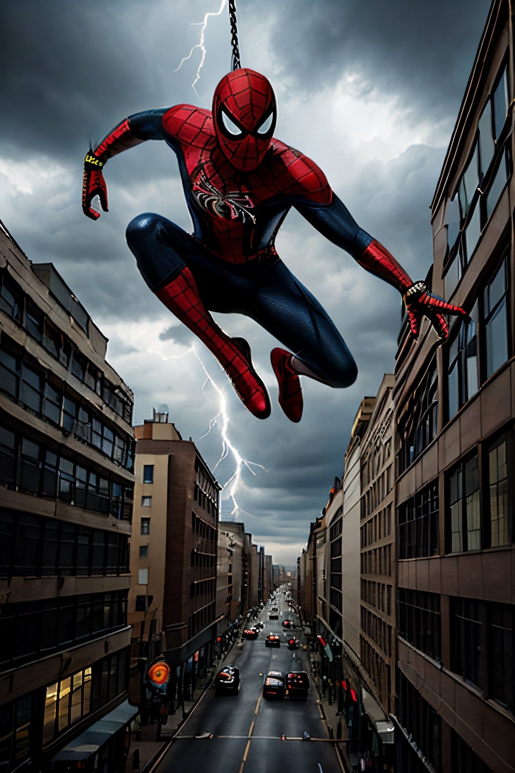 Photorealistic, Spider-Man, facial portrait, swinging through the buildings, streets below, cars driving, crowds walking, cloudy sky, lightning 