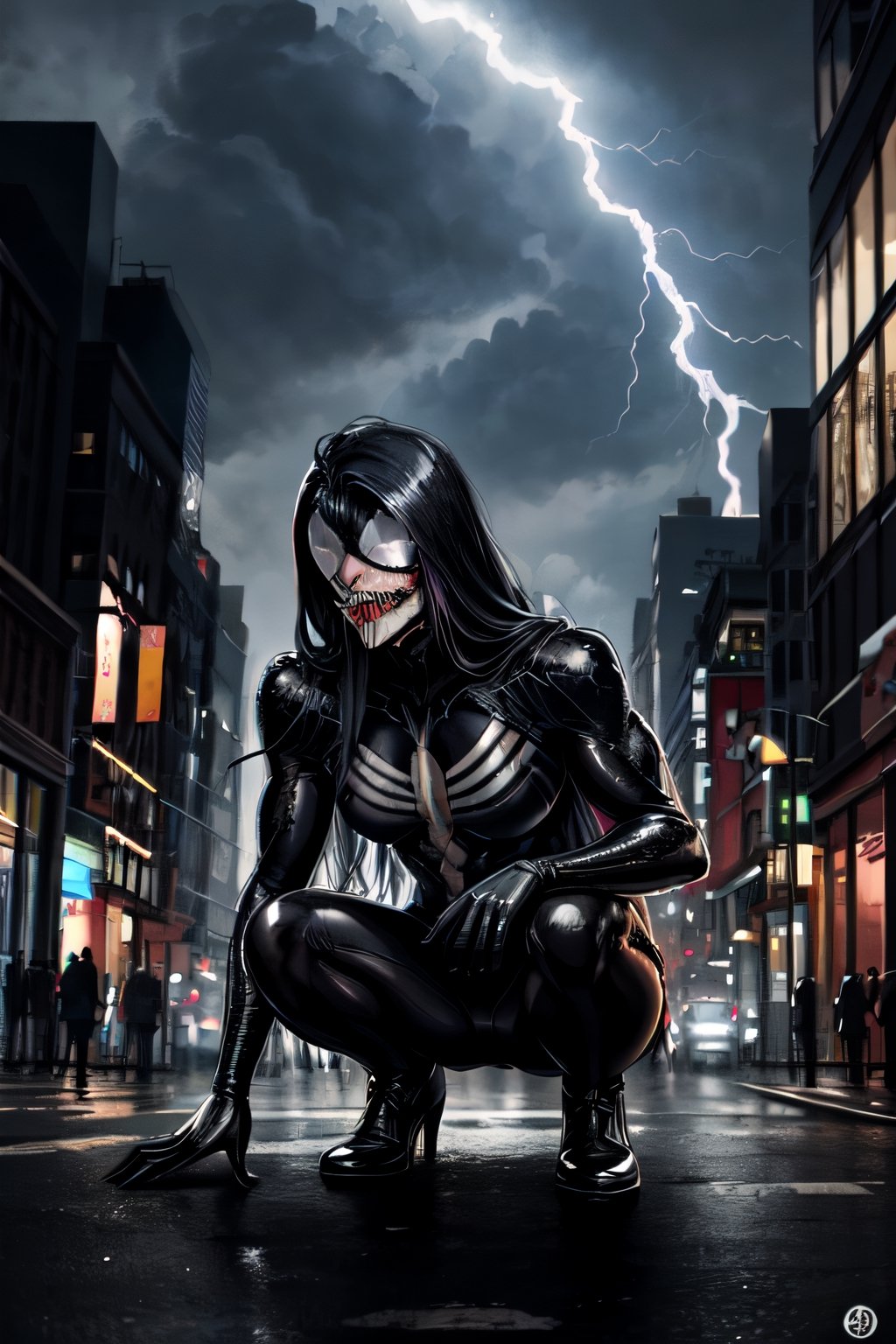 Venom, black costume, facial portrait, crouched, On top  of the building, streets below, cars driving, crowds walking, cloudy sky, lightning , venom