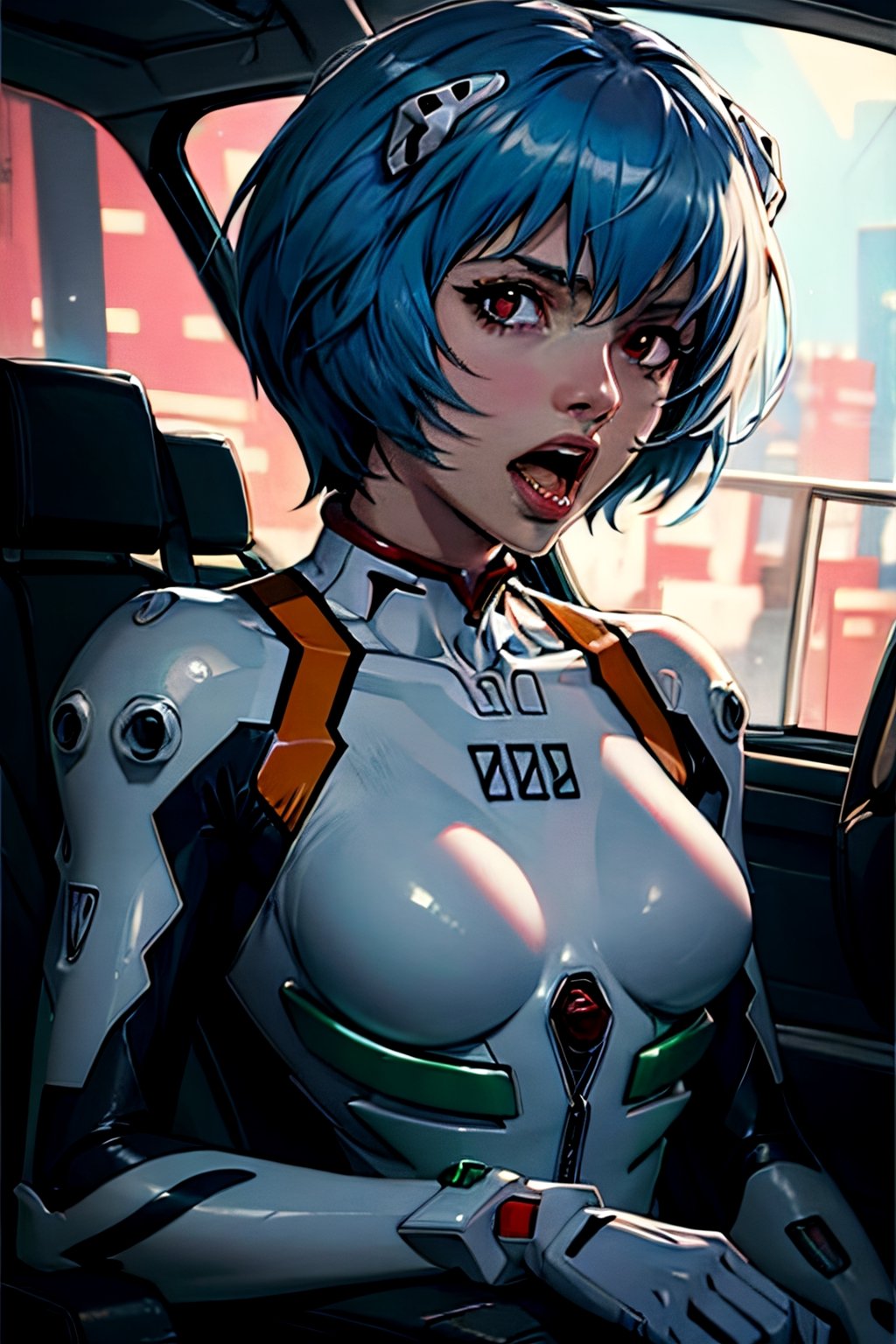 Neon Genesis Evangelion's Rei Ayanami, facial portrait, sexy stare, screaming, inside robot cockpit, fighting aliens, ,rei ayanami