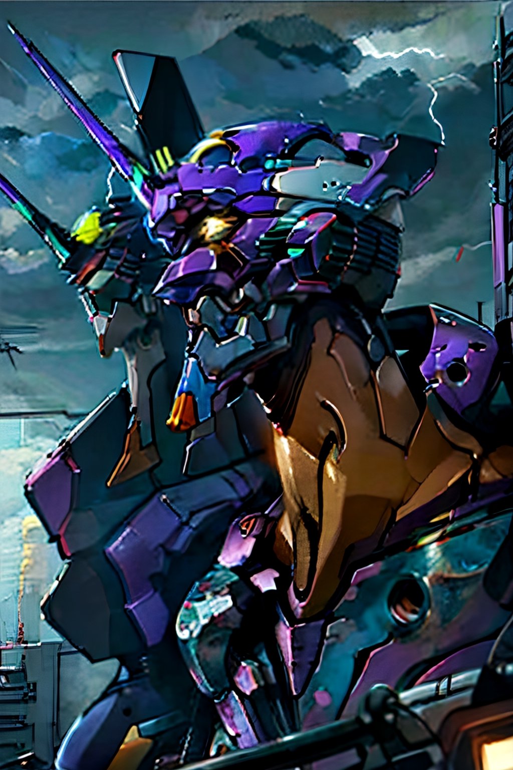 Neon Genesis Evangelion's, unit 01, facial portrait,  futuristic buildings, cloudy sky, lightning, evangelion mecha, ,evangelion anime style,evangelion mecha,EVAGOD