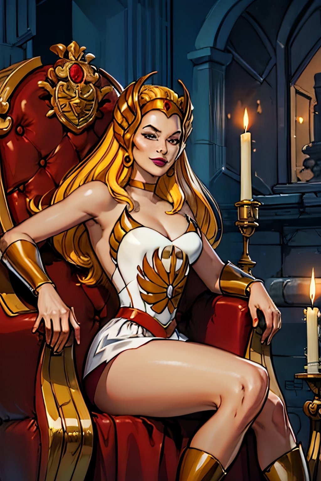 she-ra, facial portrait, sexy stare, smirked, sitting on big throne, inside castle Grayskull, candlelights, 