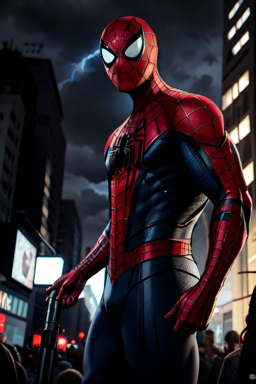 Spider-Man, facial portrait, On top  of the building, streets below, cars driving, crowds walking, cloudy sky, lightning ,spider-man costume