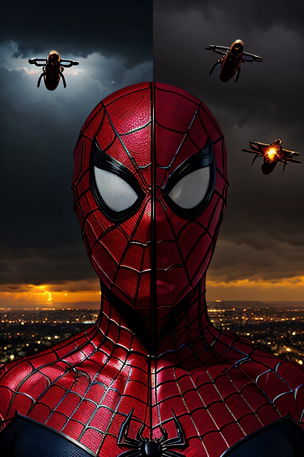 Photorealistic, Spider-Man, facial portrait, on top of building, city below, cloudy sky, lightning, planes flying around, venom lurking, 