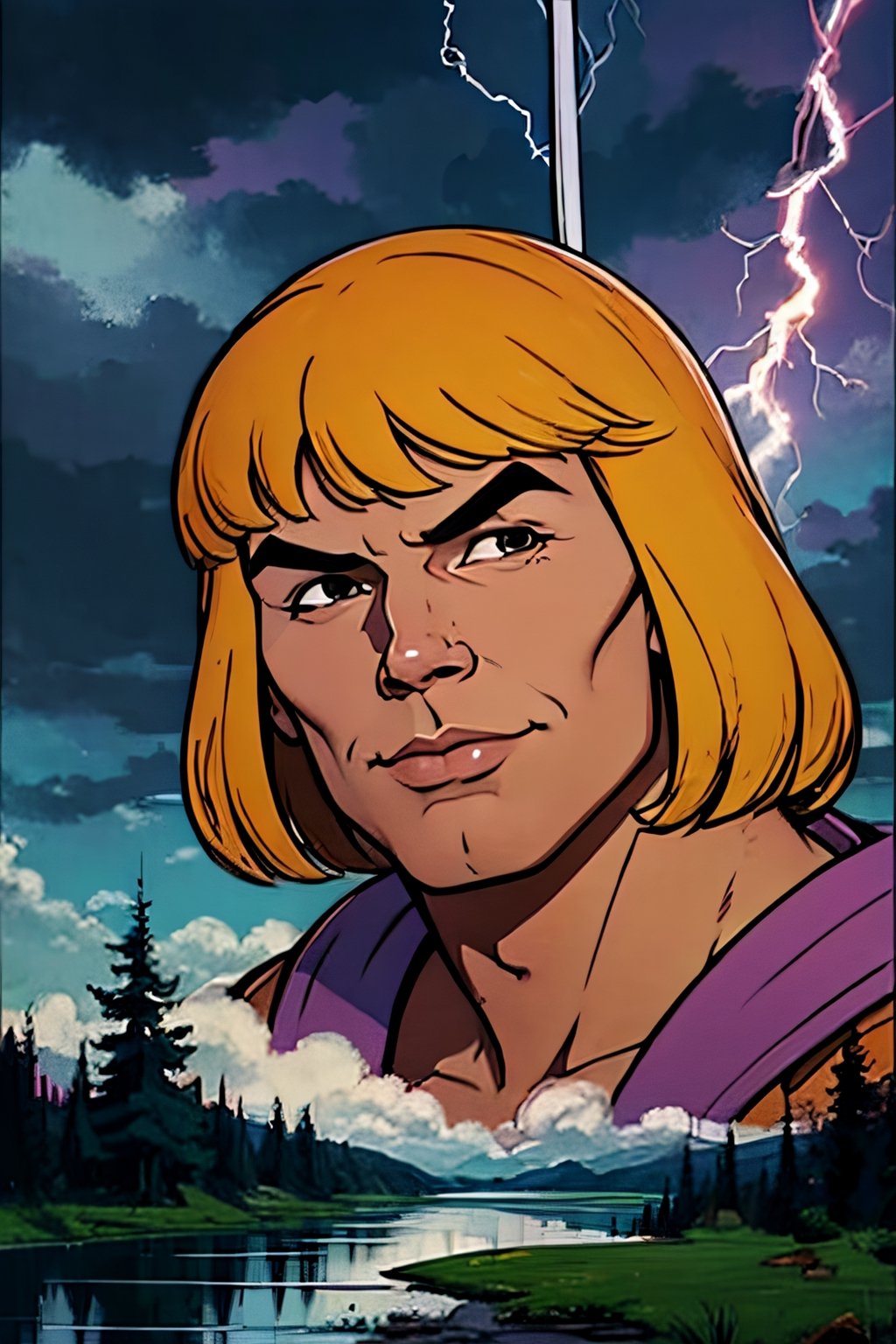 He-man, facial portrait, sexy stare, smirked, on top of hill, forest, lake, cloudy sky, lightning, ,he-man, holding sword of power up