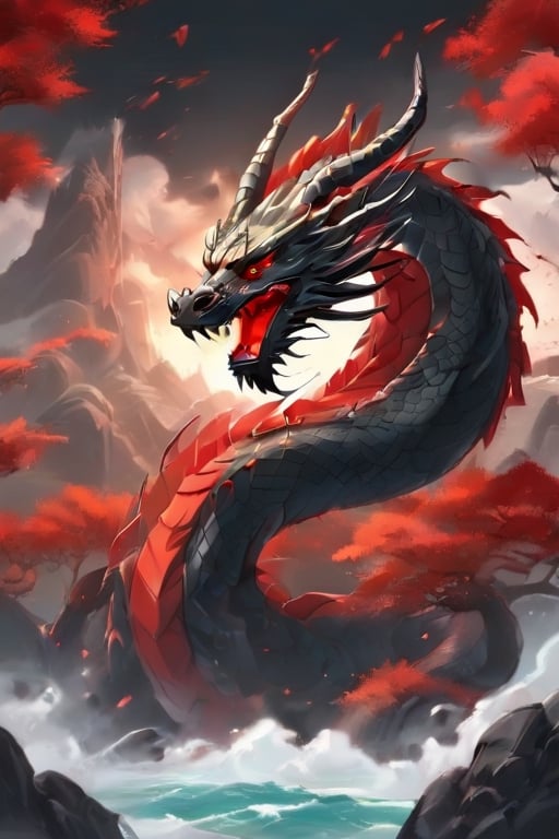 Black Dragon, Red Wings, evil, Demon Dragon, It stands on the black rocks, lunar