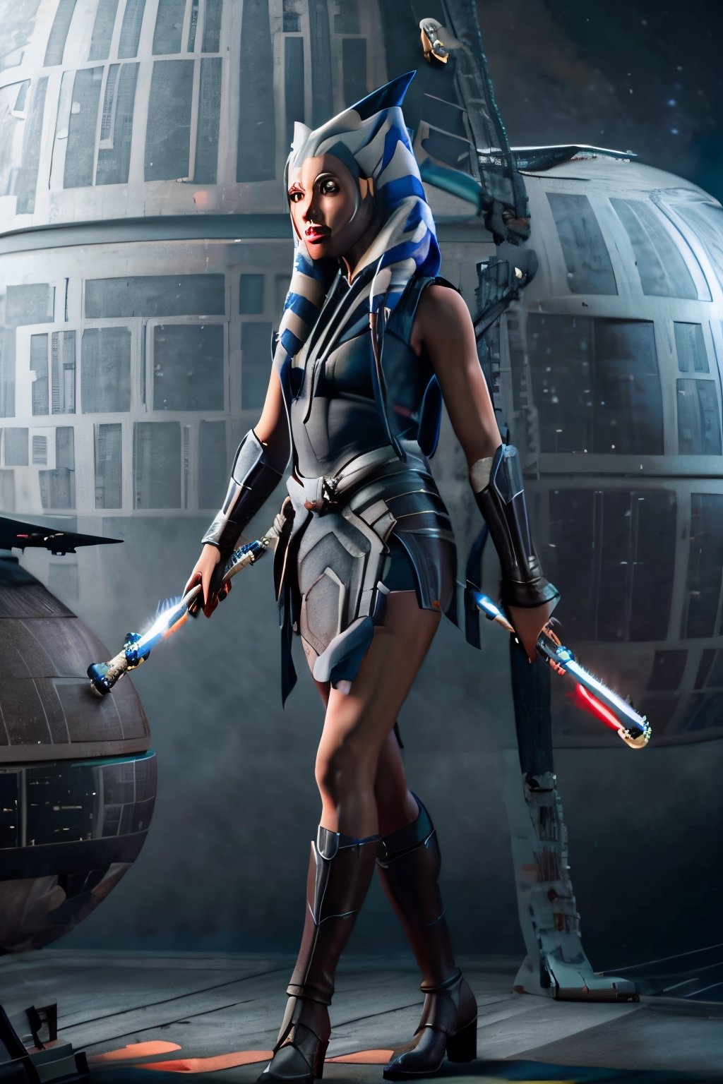 ahsokatano, facial portrait, sexy stare, smirked, full body, sexy pose, futuristic city, spaceships, light_saber, white, holding it on each hand, death star looming in the sky
