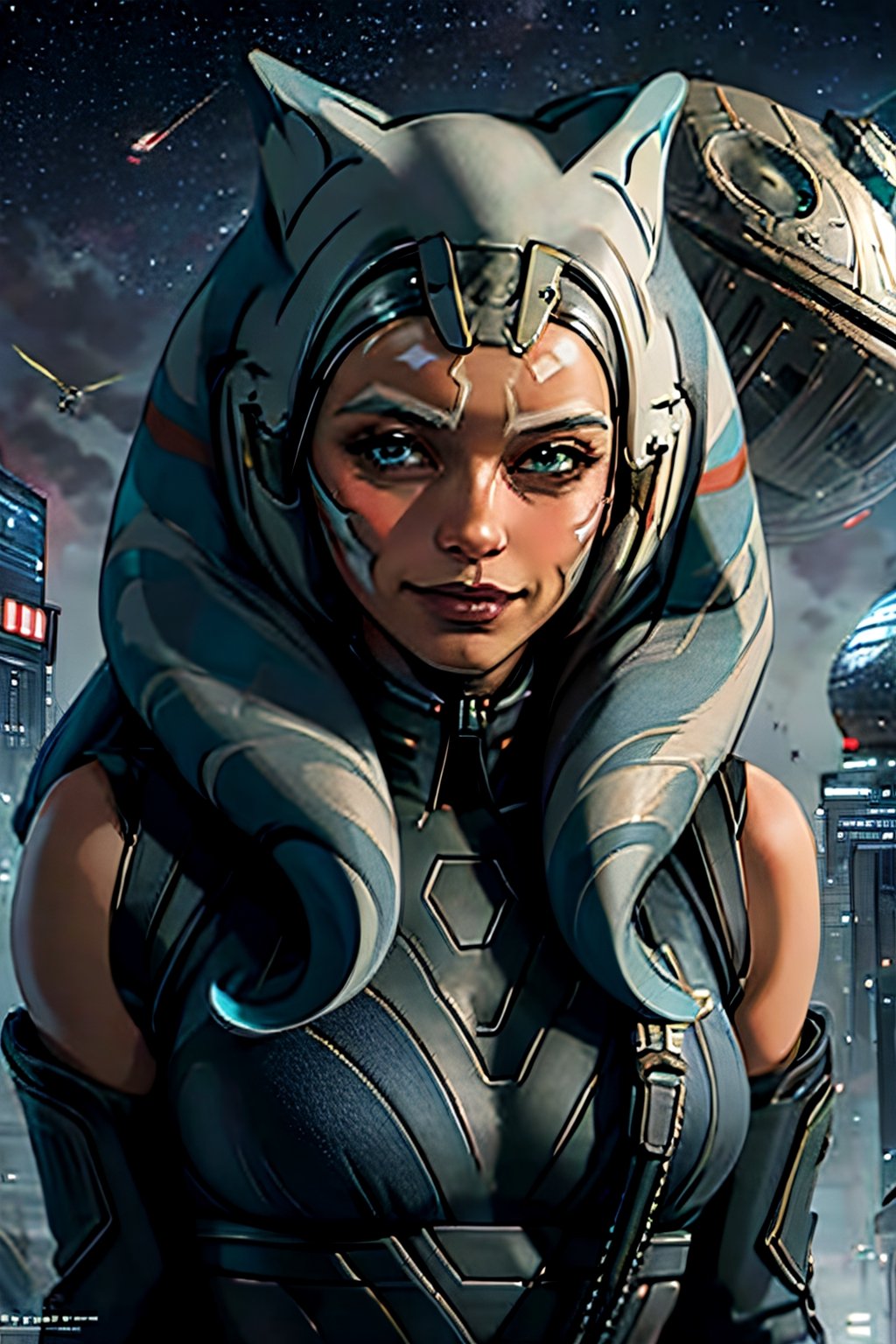 ahsokatano, facial portrait, sexy stare, smirked, futuristic city, spaceships, death star looming in the sky,1girl