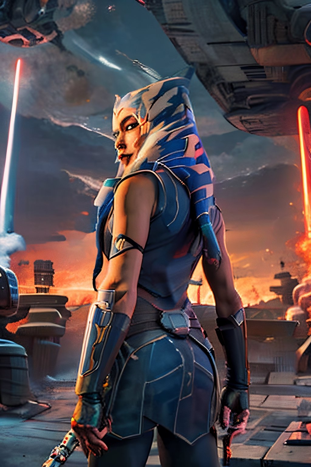 ahsokatano, facial portrait, sexy stare, smirked, futuristic city, cloudy sky, spaceships, light_saber, white, holding it on each hand, from behind 