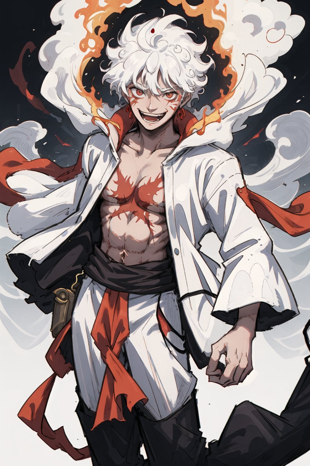 God ascended sun god monkey king, God realm ,devine transformation , corrupted god, white hair, scary laugh, red X scar mark on chest, Big smile, white clouds, white fire