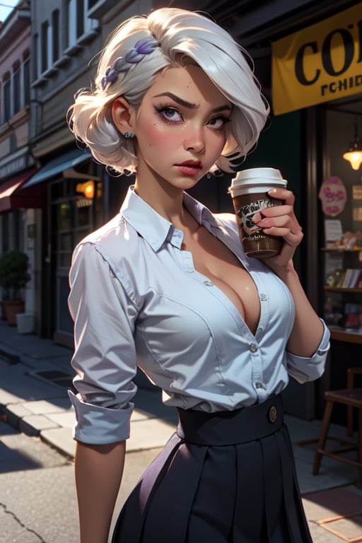 1girl, (masterpice), upper body image, best quality, high quality, high detailed, perfect body,perfect_face, high_detailed_face, city background, holding a coffee disposable cup, cup, holding cup, realism face, good body, big_ass, small_breasts, angry, displeased, unhappy, pink_eyes, breasts, hair ornament, purple_eyeshadow, white_hair, makeup ,short curls hair, lipstick ,blush ,white_braided_hair, female, light-skinned_female ,light_skin ,sakimichan style ,skin_contrast, photorealistic:1.37, cleavage, seductive, school uniform for study, looking at viewer, on school , intricate detail, detailed background, detailed skin, pore, highres, hdr, studying in the school