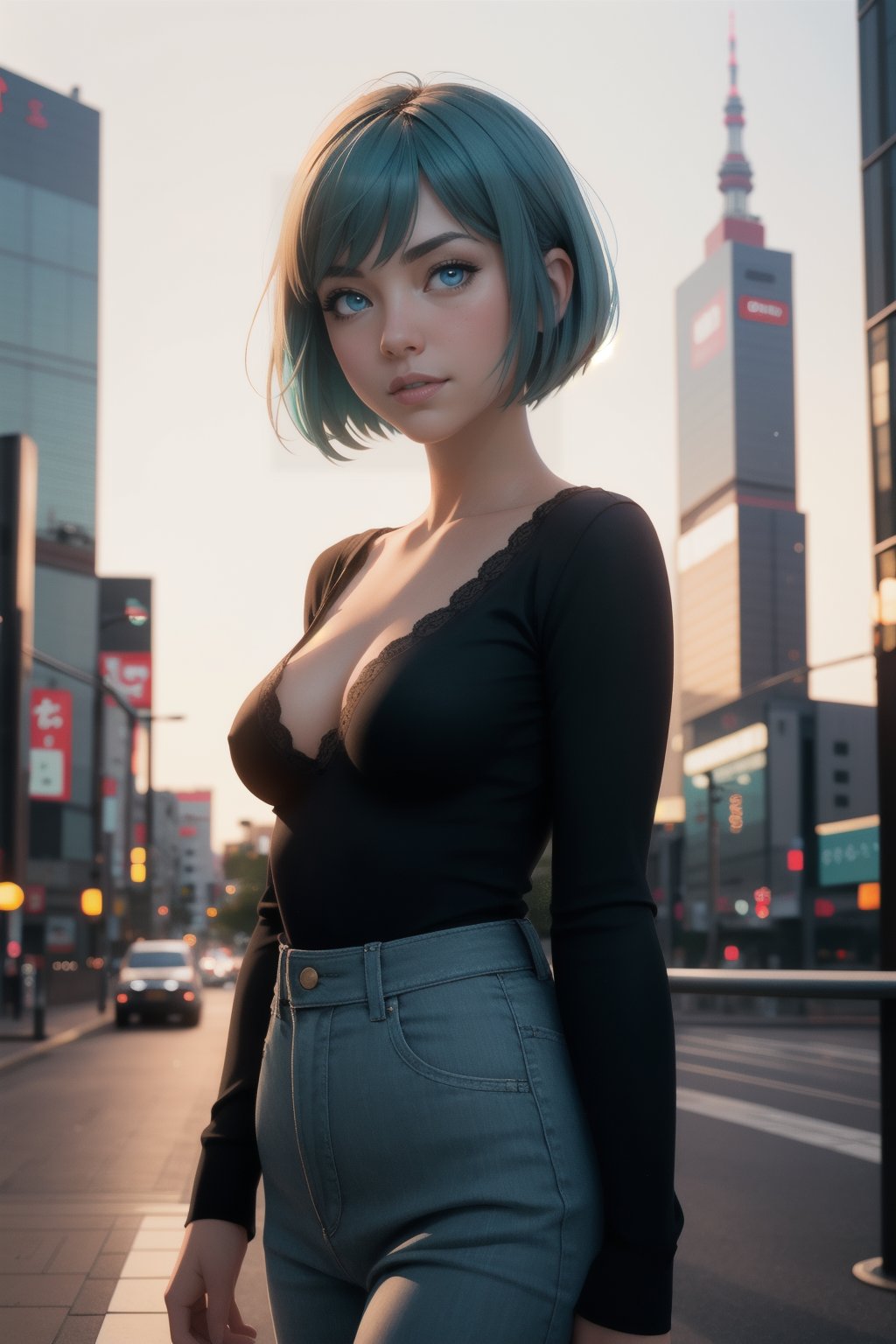 centered, award winning medium shot portrait, (hyperealistic), (beautiful detailed eyes), (gorgeous woman face), | solo, 1girl, short hair, aqua hair color, dark blue eyes color, | casual outfit, (small breasts:1.2), | sunset, city, tokyo, buildings, city lights, | depth of field, bokeh, | smooth detailed shadows, hyperealistic shadows, (saturated colors:1.2) |