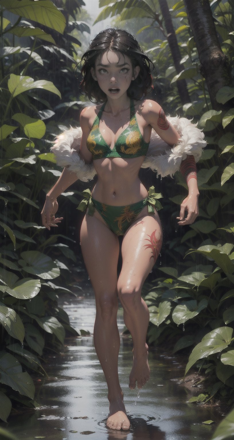 1girl, [red hair|black hair], \(savage, jungle, tribal, amazone, wet\)_girl, \(savage, jungle, tribal, amazone, fur, bones\)_\(clothes, clothing\), tribal_\(marks, tatoo\), small breasts, barefoot, girl running in fear, rainforest, rain, downpour,