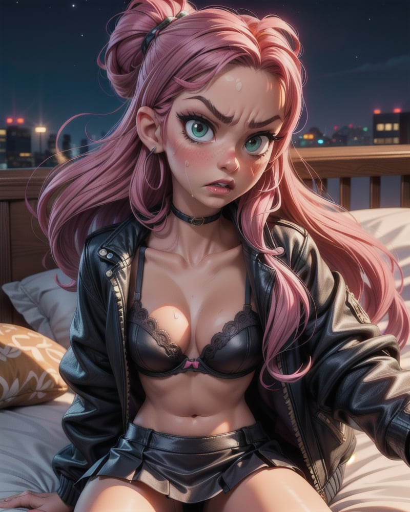 1girl, (masterpice), best quality, high quality, high detailed, perfect body,perfect_face, angry, 
annoyed, provoked, high_detailed_face, realism face, good body, small_breasts, green_eyes, breasts, hair ornament, purple_eyeshadow, pink_hair, makeup ,long_hair, lipstick ,blush ,curly_hair, female, dark-skinned_female ,brown_skin ,sakimichan style ,skin_contrast, bra, black_bra, jacket, black leather skirt, laying on bed, bedroom, hight detailed background, night,facial