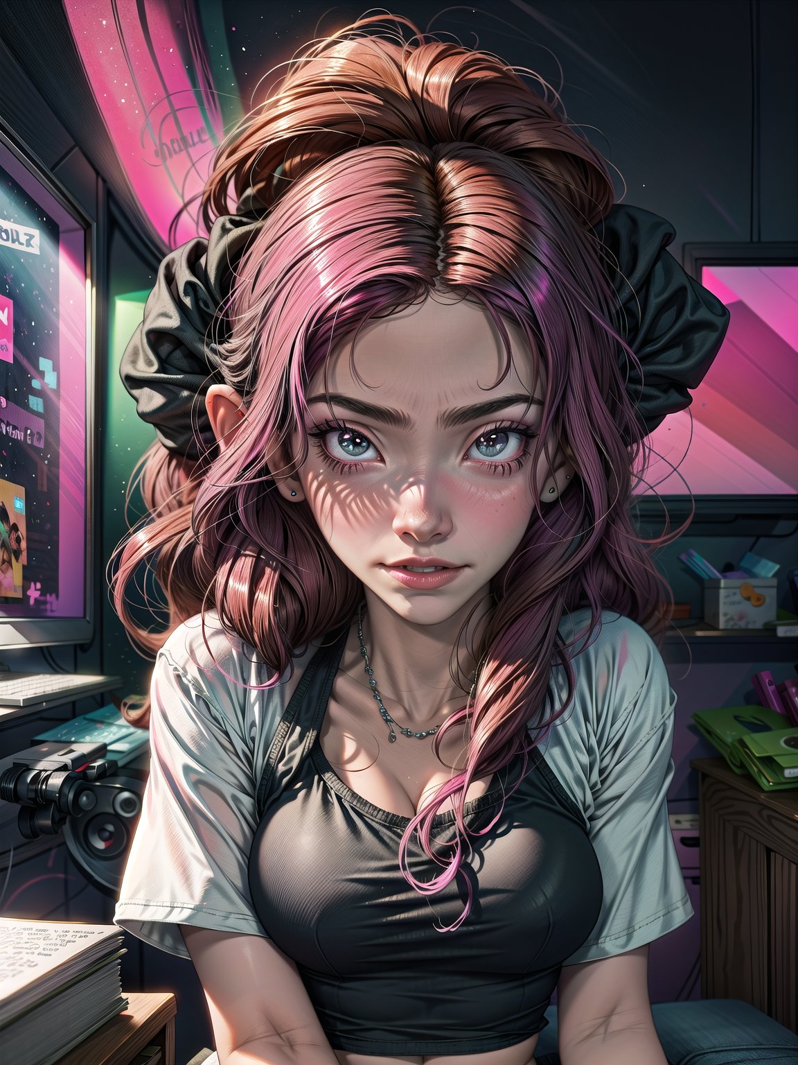 FRONTAL VIEW Image of an /(Upper body portrait of a beautiful girl with pink hair), pink gradient synthwave room, Perfectly drawn Fingers, (sitting close to a pink desk), pink gradient Lighting , Centered Image, Middle Image, zen Interior design, volumetric color , flaming colors, neon pink colors, cosmos, cyber, synthwave, wearing a white t-shirt and black jacket, SFW,