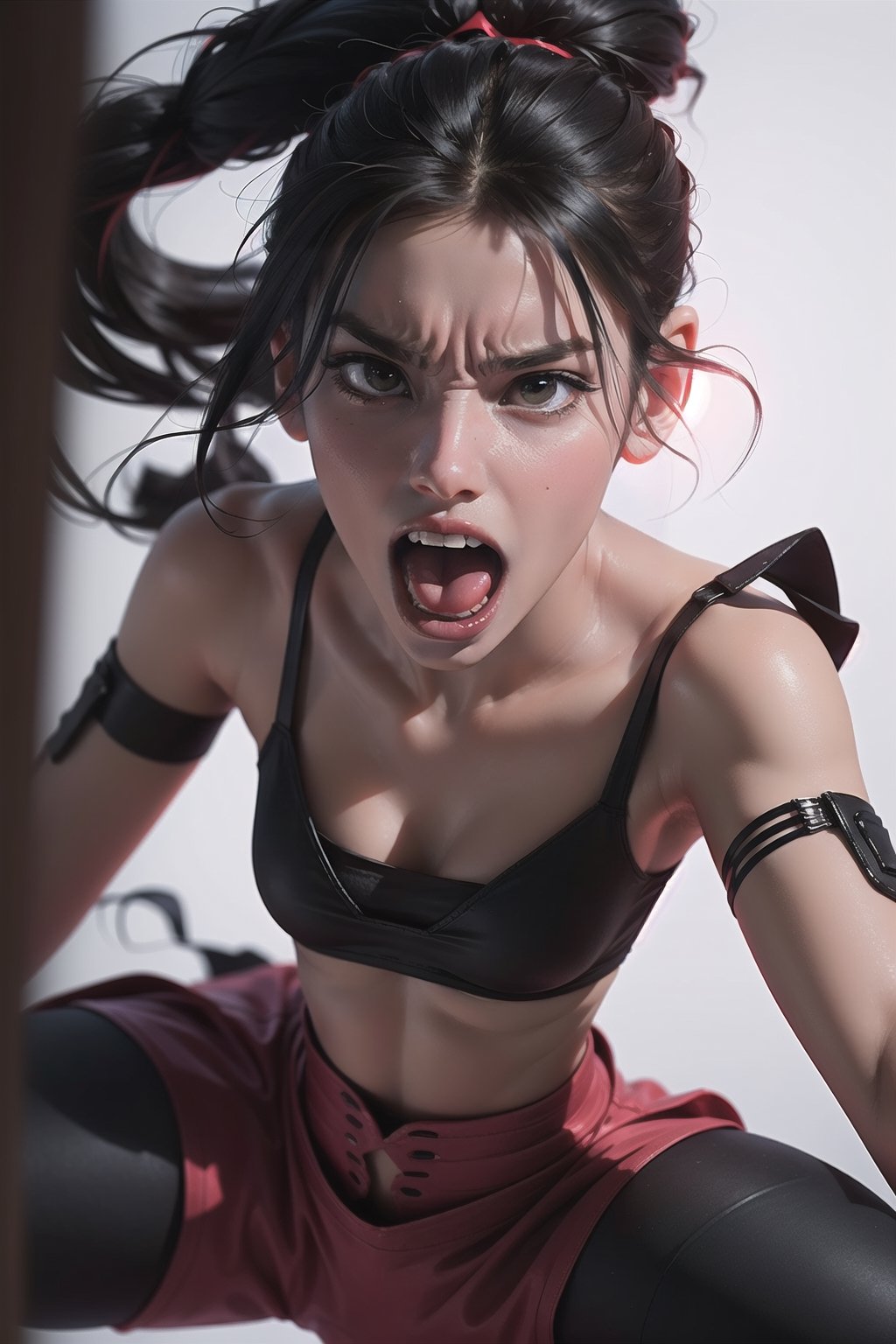 Digital art of a Jinx, from the film Arcane, girl, shouting so loud, angry, high angle view