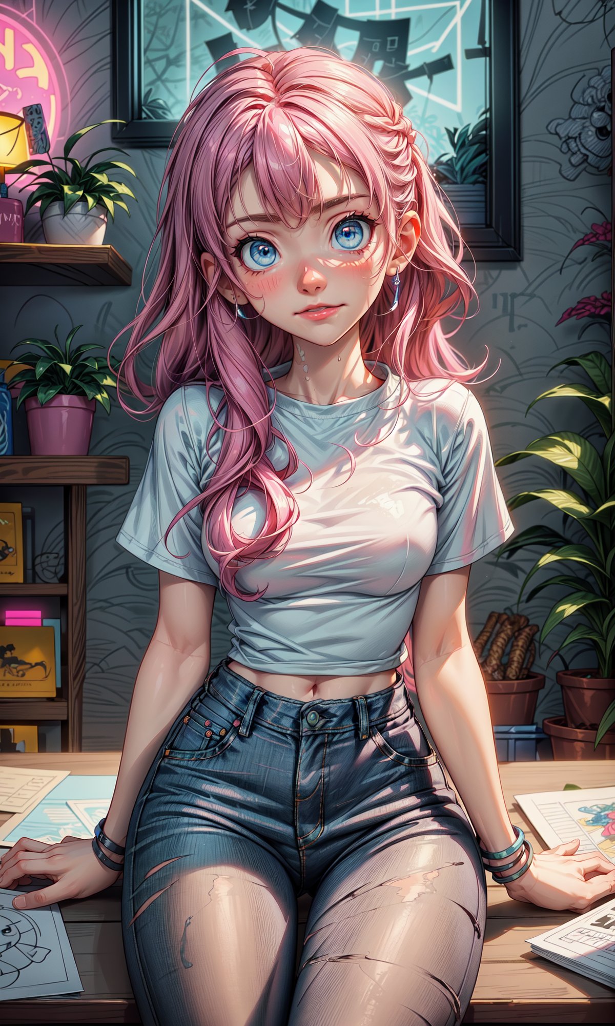 Beautiful girl, blue Eyes, blue Eyes, white skin, robot, cyborg , drawing, painting on paper, inks, ink pots, shelf((Masterpiece)), (Best Quality), Art, Highly Detailed, Extremely Detailed CG Unity 8k Wallpaper, (Curves: 0.8), (Full Body: 0.6), 3DMM, (Masterpiece, Best Quality)   sitting, wearing a white t-shirt, jeans skirt,small chest, on the arm, sitting, drawing, jeans, cartoonist,  studio , white walls, neon pink lights, neon lights, pink lights, wooden shelf, flower pots, plants, decorative plants, window, window, city view, , 12334, Q , perfect eyes,12334,facial, cum
