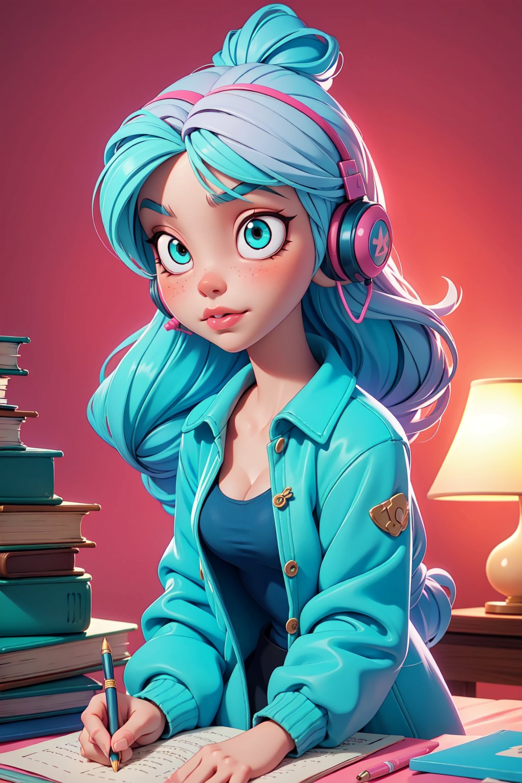 1girl, (masterpice), best quality, high quality, noon, night, high detailed, perfect body,perfect_face, high_detailed_face, realism face, good body, big_ass, small_breasts, aqua_glowing_eyes, glowing eyes and hair,  siting down next to her desk studing, wearing a blue headphone, lofi-girl, (Wearing headphone), lofi chill out,  inside her bedroom, Night pink gradient lighting, dog, books, lamp, pen, teddy bear on her desk, serious, lofi girl room decorations, hard light, night, facing the viewer, hair ornament, blue_glowing_hair, makeup ,long_hair, lipstick ,blush ,short_braided_hair, female, light-skinned_female ,light_skin ,skin_contrast, blue shirt, silver covered jacket,3DMM