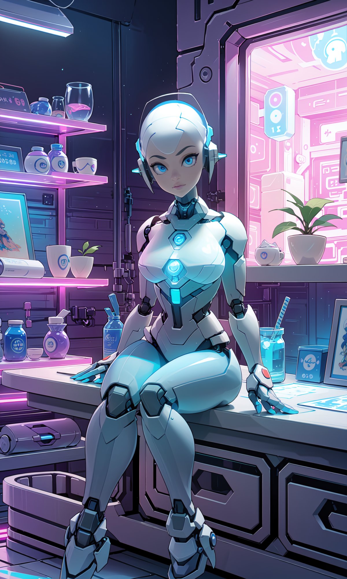 Beautiful girl, blue Eyes, blue Eyes, white skin, robot, cyborg , drawing, painting on paper, inks, ink pots, shelf((Masterpiece)), (Best Quality), Art, Highly Detailed, Extremely Detailed CG Unity 8k Wallpaper, (Curves: 0.8), (Full Body: 0.6), 3DMM, (Masterpiece, Best Quality)   sitting, white sleeveless shirt, no bra, small chest,  on the arm, sitting, drawing, jeans, black pants, cartoonist,  studio , white walls, neon pink lights, neon lights, pink lights, wooden shelf, flower pots, plants, decorative plants, window, window, city view, , 12334, Q , perfect eyes,12334