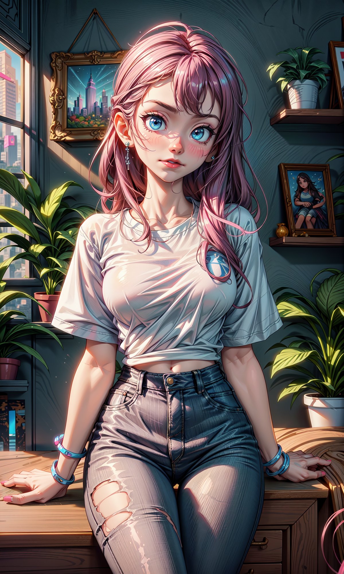 Beautiful girl, blue Eyes, blue Eyes, white skin, robot, cyborg , drawing, painting on paper, inks, ink pots, shelf((Masterpiece)), (Best Quality), Art, Highly Detailed, Extremely Detailed CG Unity 8k Wallpaper, (Curves: 0.8), (Full Body: 0.6), 3DMM, (Masterpiece, Best Quality)   sitting, wearing a white t-shirt, jeans skirt,small chest, on the arm, sitting, drawing, jeans, cartoonist,  studio , white walls, neon pink lights, neon lights, pink lights, wooden shelf, flower pots, plants, decorative plants, window, window, city view, , 12334, Q , perfect eyes,12334,facial, cum