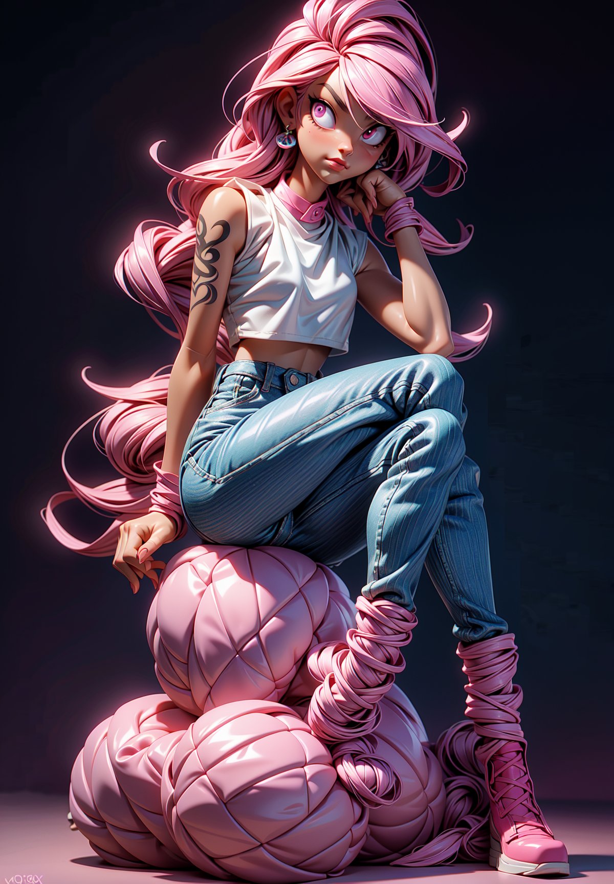 Pink Eyes, pink Eyes, pink pants, drawing, painting on paper, inks, ink pots, pink shelf((Masterpiece)), (Best Quality), Art, Highly Detailed, Extremely Detailed CG Unity 8k Wallpaper, (Curves: 0.8), (Full Body: 0.6), 3DMM, (Masterpiece, Best Quality) pink hair, long curly hair, tanned skin, tanned skin, pink eyes, sitting, white sleeveless shirt, no bra, small chest, tattoos, tattoo on the arm, sitting, drawing, jeans, black pants, cartoonist, tattoo studio , white walls, neon pink lights, neon lights, pink lights, wooden pink gradient shelf, flower pots, plants, decorative plants, window, window, city view, tattoo chair, tattoo artist, tattoo girl, 12334, Q , perfect eyes,12334,3DMM,facial,anime