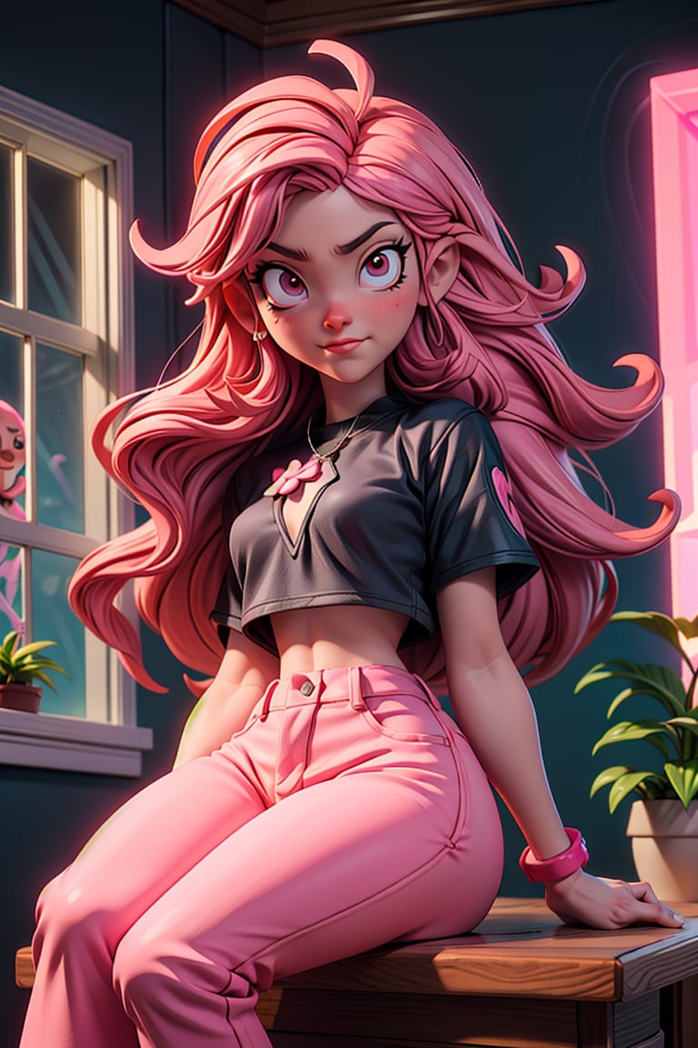 Pink Eyes, pink Eyes, pink pants, drawing, painting on paper, inks, ink pots, pink shelf((Masterpiece)), (Best Quality), Art, Highly Detailed, Extremely Detailed CG Unity 8k Wallpaper, (Curves: 0.8), (Full Body: 0.6), 3DMM, (Masterpiece, Best Quality) pink hair, long curly hair, tanned skin, tanned skin, pink eyes, sitting, black t-shirt, small chest, sitting, drawing, jeans, black pants, cartoonist, white walls, neon pink lights, neon lights, pink lights, wooden pink gradient shelf, flower pots, plants, decorative plants, window, window, city view, 12334, Q , perfect eyes,12334,3DMM,facial,anime, cum, pov,cartoon 