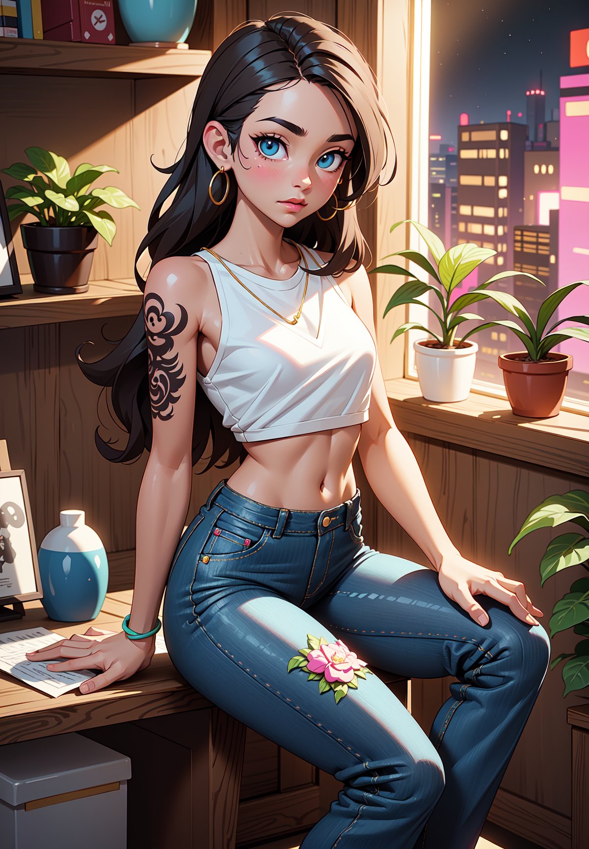 Brown Eyes, brown Eyes, Black pants, drawing, painting on paper, inks, ink pots, shelf((Masterpiece)), (Best Quality), Art, Highly Detailed, Extremely Detailed CG Unity 8k Wallpaper, (Curves: 0.8), (Full Body: 0.6), 3DMM, (Masterpiece, Best Quality) black hair, long hair, tanned skin, tanned skin, brown eyes, sitting, white sleeveless shirt, no bra, small chest, tattoos, tattoo on the arm, sitting, drawing, jeans, black pants, cartoonist, tattoo studio , white walls, neon pink lights, neon lights, pink lights, wooden shelf, flower pots, plants, decorative plants, window, window, city view, tattoo chair, tattoo artist, tattoo girl, 12334, Q , perfect eyes,12334