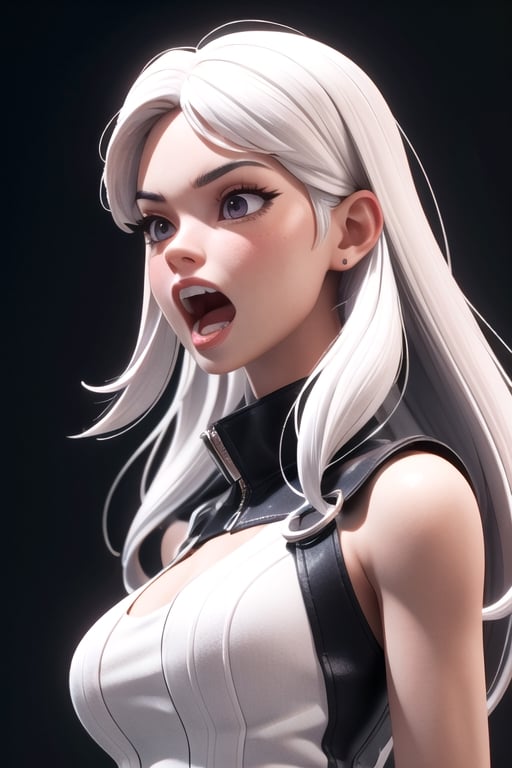 3ddigital art of a beautiful girl with long straight white hair , 3d, realistuc, 3d render, hyperdetailed, shouting so loud