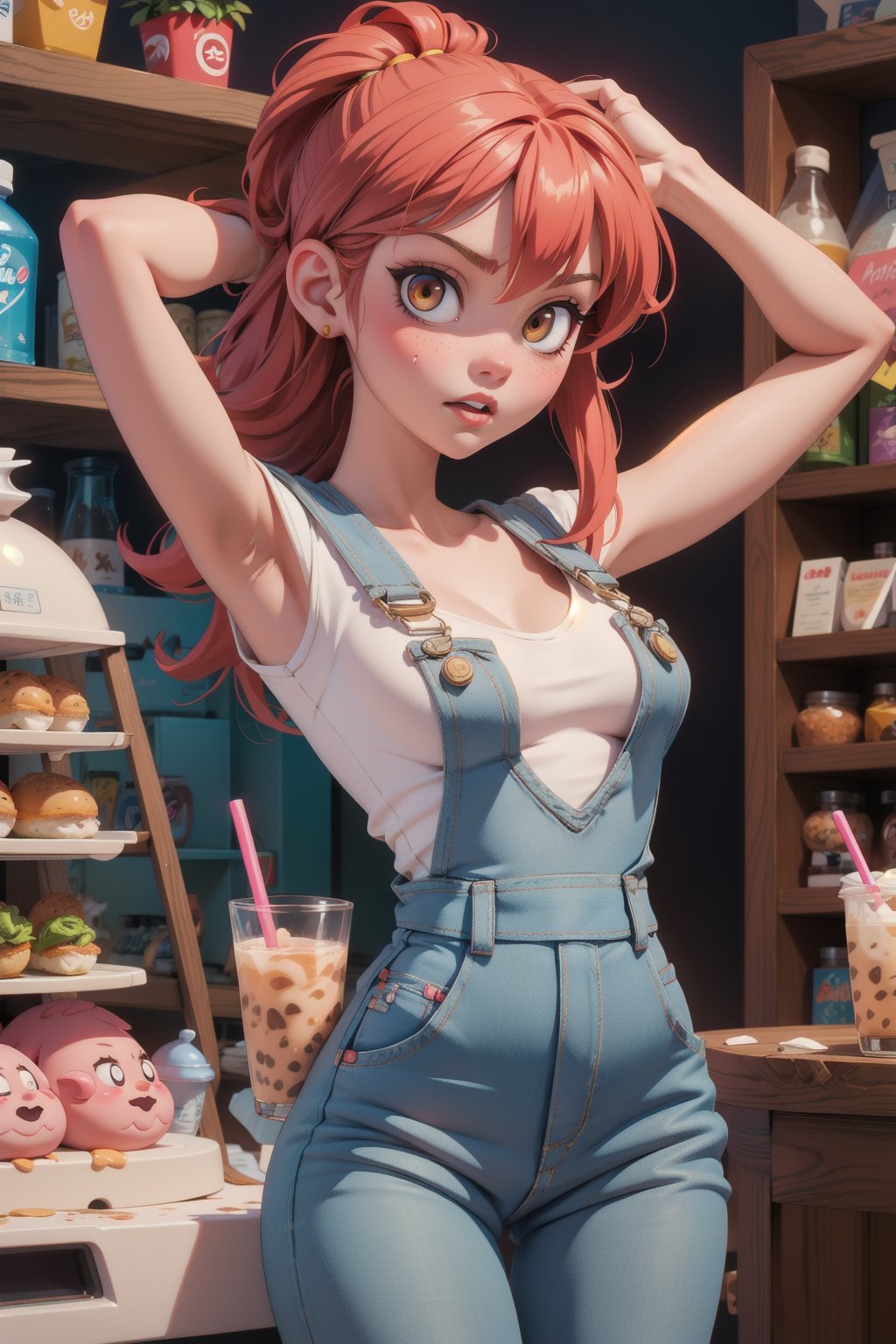 1girl, [pink eyes|yellow eyes], pale skin, [white hair:red hair:0.3],  \(light, tight, white_blouse,\)_denim overalls, small breasts, bubble tea challenge, drinking straw, arms up,elbow squeeze, breasts squeezed together, indoors, cofee shop, ,  