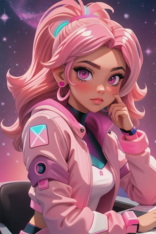 FRONTAL VIEW Image of an Upper body portrait of a beautiful girl with pink hair, sitting close to a pink desk, pink gradient galaxy, Centered Image, Middle Image, zen design, volumetric color , flaming colors, neon pink colors, cosmos, cyber, synthwave