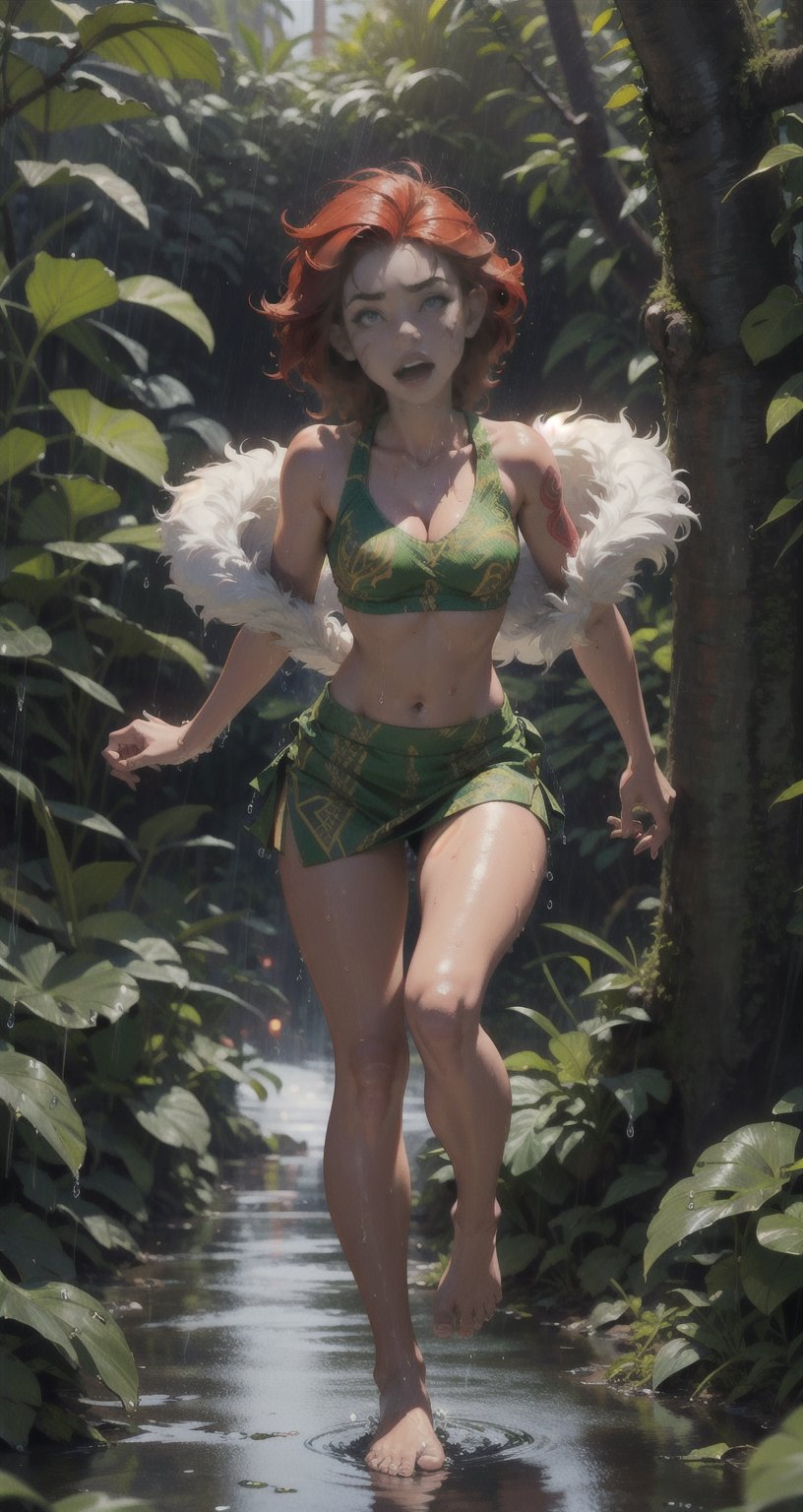 1girl, [red hair], \(savage, jungle, tribal, amazone, wet\)_girl, \(savage, jungle, tribal, amazone, fur, bones\)_\(clothes, clothing\), tribal_\(marks, tatoo\), wearing jungle cloths, scared, afraid, small breasts, barefoot, girl running in fear, rainforest, rain, downpour,