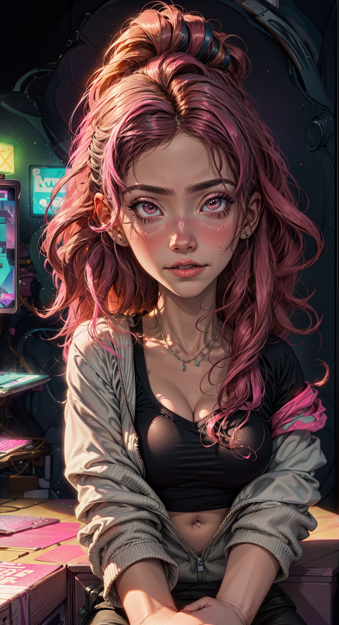 FRONTAL VIEW Image of an /(Upper body portrait of a beautiful girl with pink hair), pink gradient synthwave room, Perfectly drawn Fingers, (sitting close to a pink desk), pink gradient Lighting , Centered Image, Middle Image, zen Interior design, volumetric color , flaming colors, neon pink colors, cosmos, cyber, synthwave, wearing a white t-shirt and black jacket, SFW,