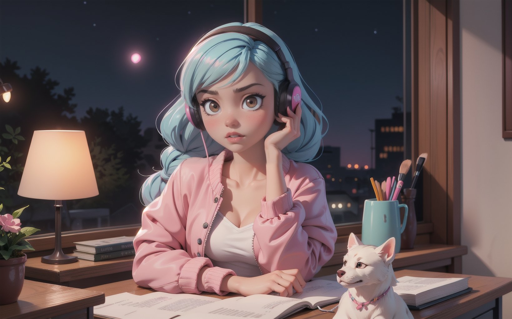 1girl, (masterpice), best quality, high quality, noon, night, high detailed, perfect body,perfect_face, high_detailed_face, realism face, good body, big_ass, small_breasts, Pink_glowing_eyes, glowing eyes and hair,  siting down next to her desk studing, wearing a Pink headphone, lofi-girl, (Wearing headphone), lofi chill out,  inside her bedroom, Night pink gradient lighting, (a big white dog sitting on her window), books, lamp, pen, teddy bear on her desk, serious, lofi girl room decorations, hard light, night, facing the viewer, hair ornament, blue_glowing_hair, makeup ,long_hair, lipstick ,blush ,short_braided_hair, female, light-skinned_female ,light_skin ,skin_contrast, Pink shirt, silver covered jacket
