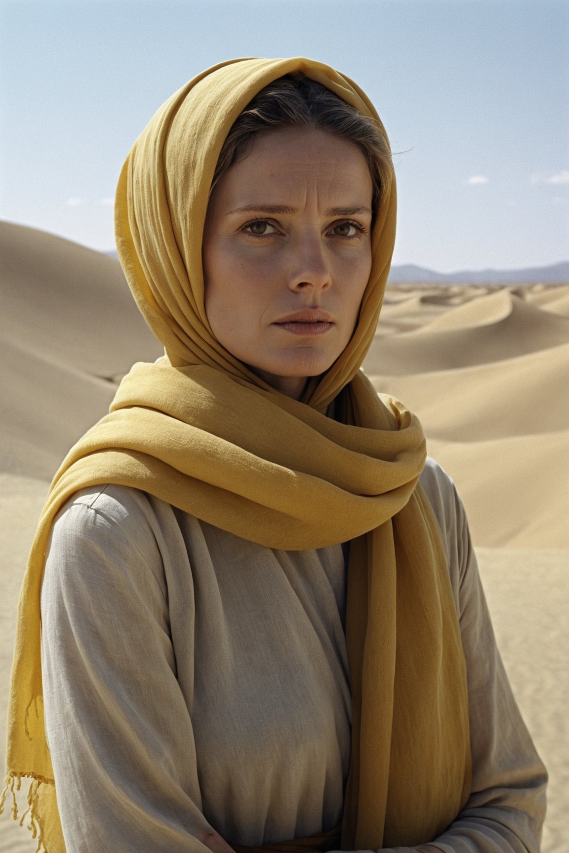 Medium shot, a woman wearing a yellow scarf, in the style of biblical drama, light brown and amber, desertwave, alan lee, cinematic sets, david plowden 